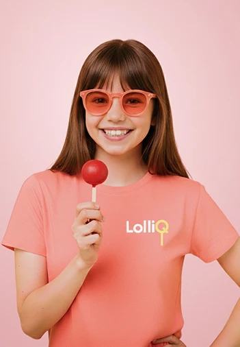 Lolliq model holding a lollipop